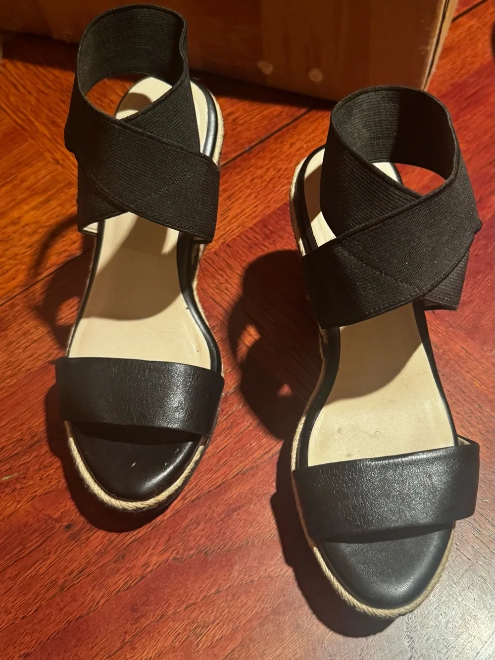 Cole Haan Black Espadrille Wedge Sandals with Natural Rope Details